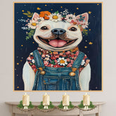 Happy White Dog Wearing Overalls and Floral Shirt Whimsical Farmhouse Art Perfect for Nursery Bedroom Living Room Dog Lover Gift Rustic Home Decor on Ready to Hang 1.5" Thick Canvas Wrap, Floating Framed Canvas, Flat Rolled Canvas